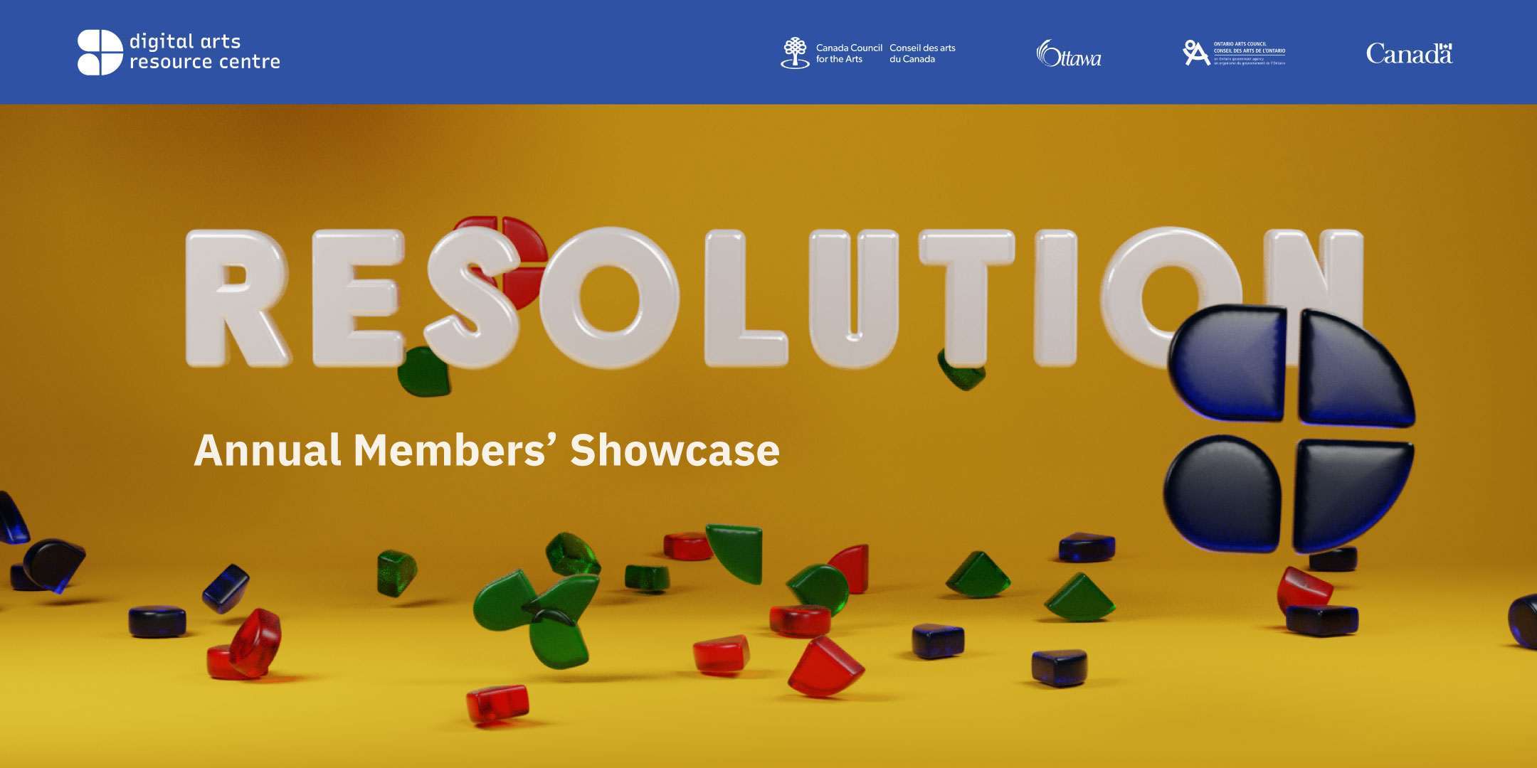 Gum drops in the shape of the DARC logo fall from the sky against a yellow background and collide with glossy lettering that spell out "Resolution"