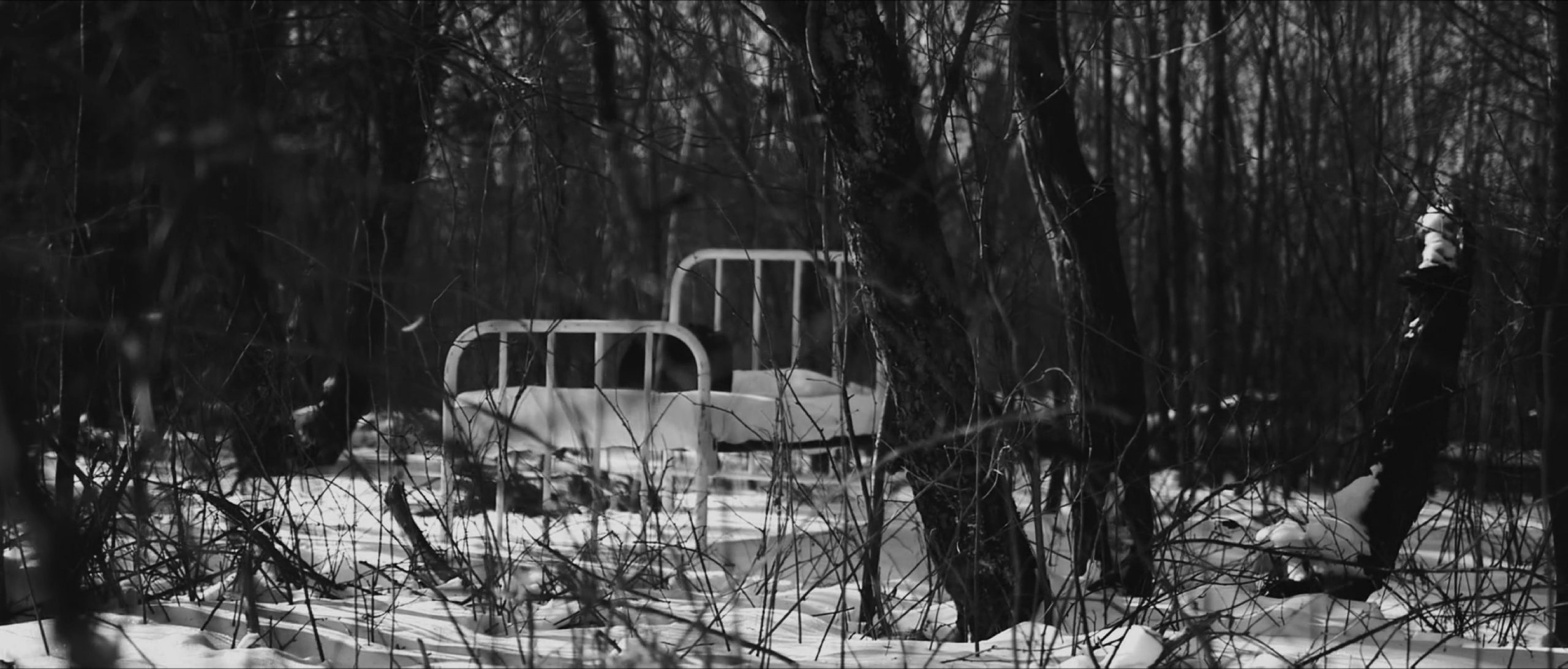 A black and white photo of a bed frame sitting in a snowy forest clearing.