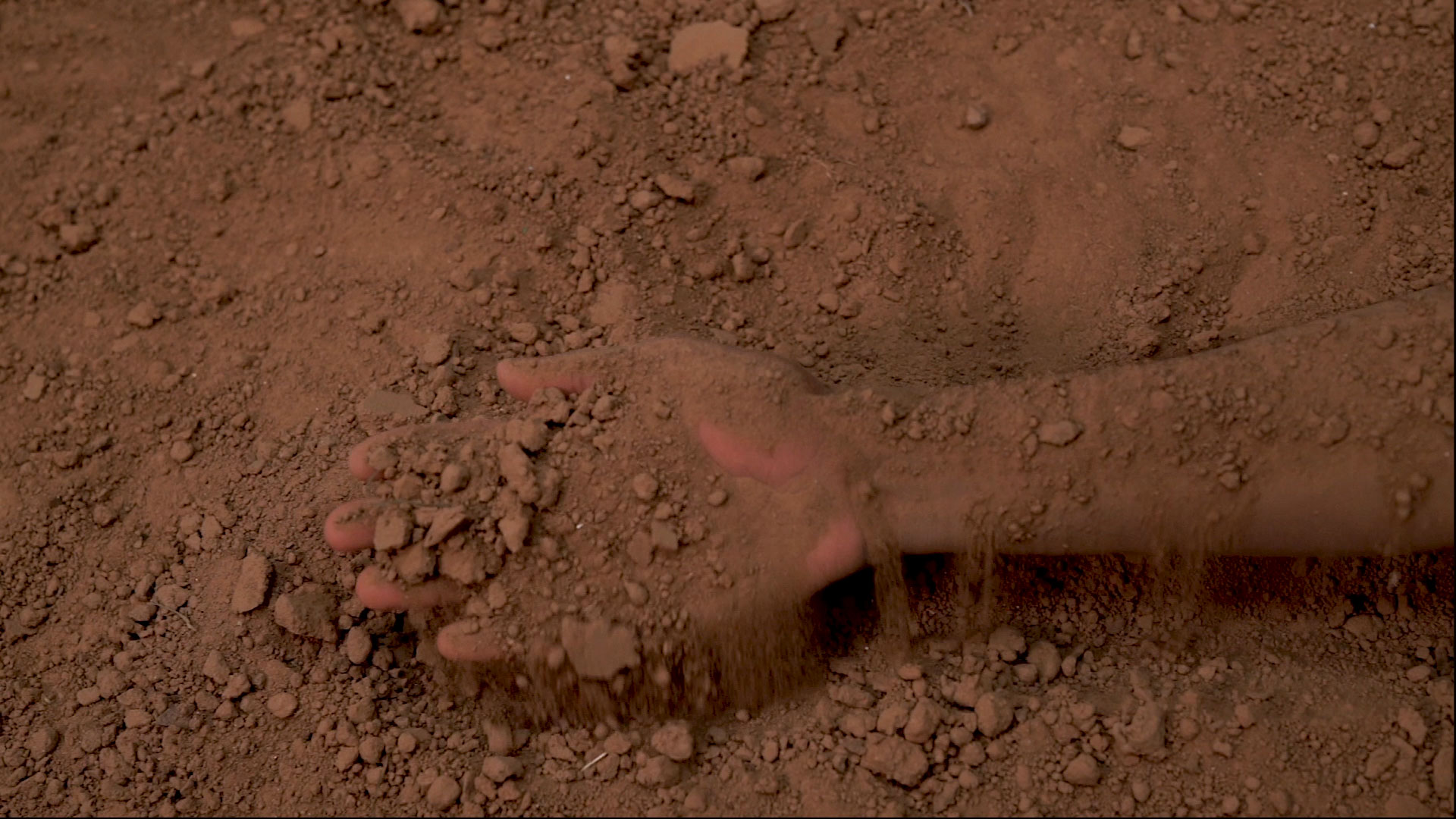 A hand is reaching across, through the dirt and sand.