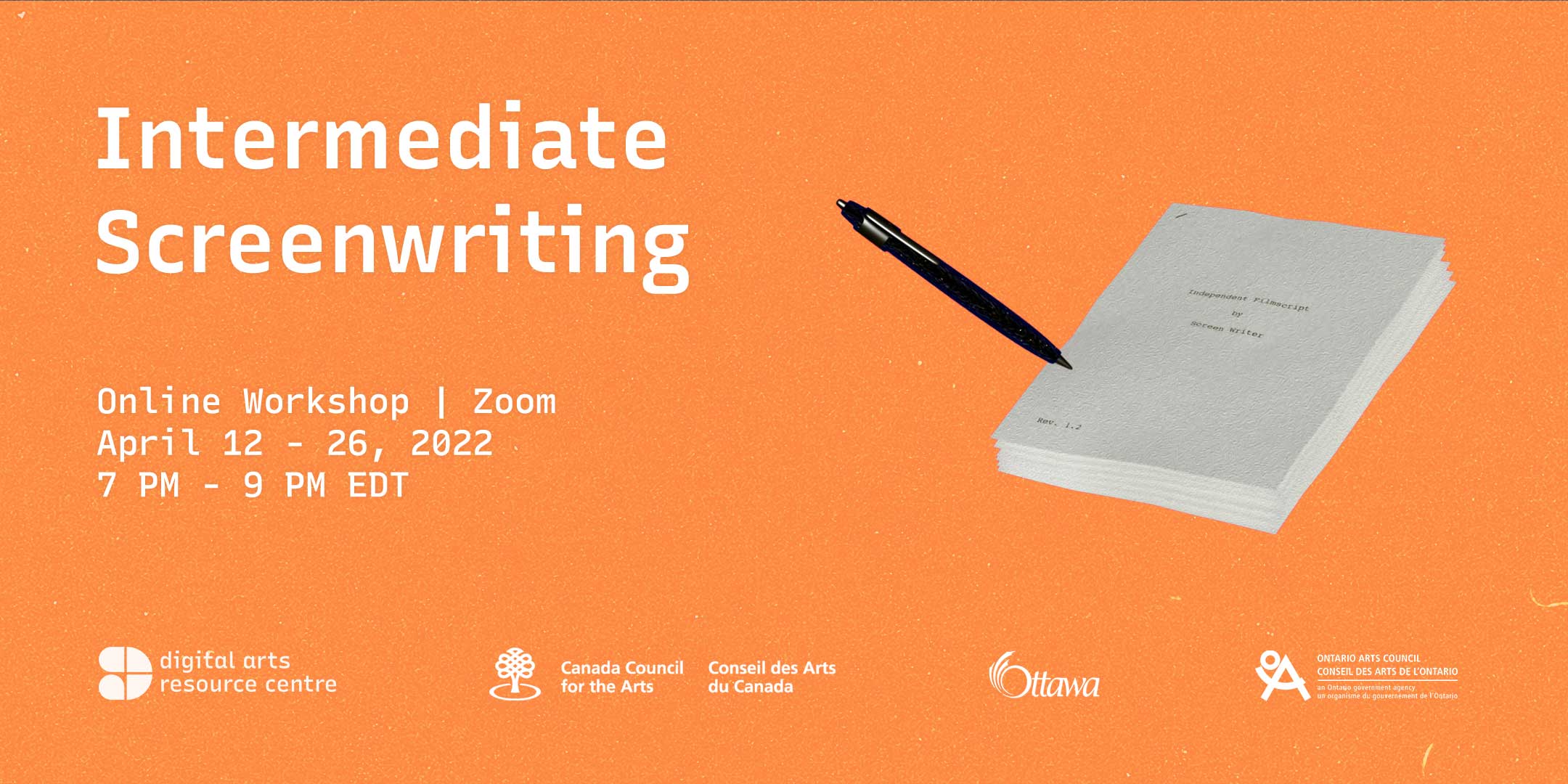 Orange background with a 3d model of a script and a pen